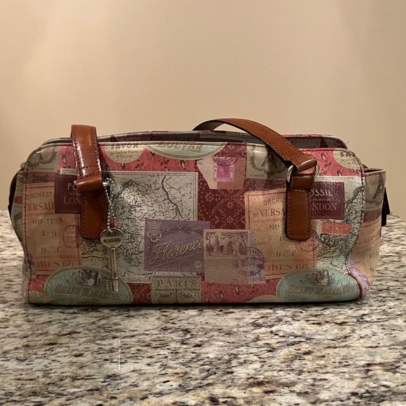 Fossil Handbags - Fossil Vintage Travel Print Satchel Shoulder Bag Brown Leather Handles Cream